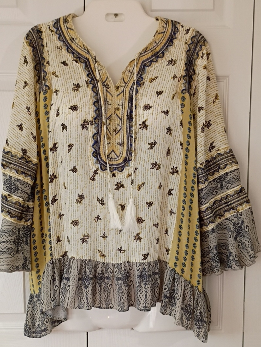 John Mark Floral Boho Top In Cream, Yellow and Navy Size M